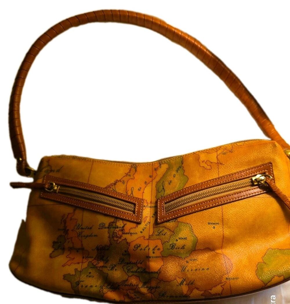 ALVIERO MARTINI 1A CLASSE GEO World Map Shoulder Bag Leather Wrapped Strap ITALY